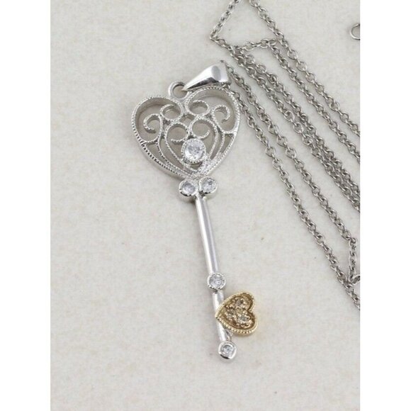 Heart Key Heart Necklace Sterling Silver Cz accents 16 inch chain - Picture 6 of 9